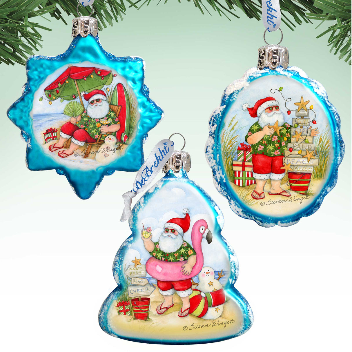 Christmas at the Beach Mercury Glass Ornaments Set of 3 by Susan Winget - Santa and Snowman Decor