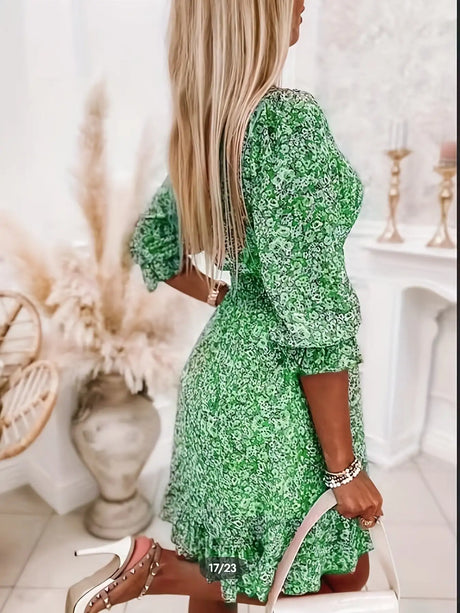 V-neck Printed Dress With Ruffled Waist, Exquisite And Elegant Design-perfect For Spring And Autumn. - Lootquake