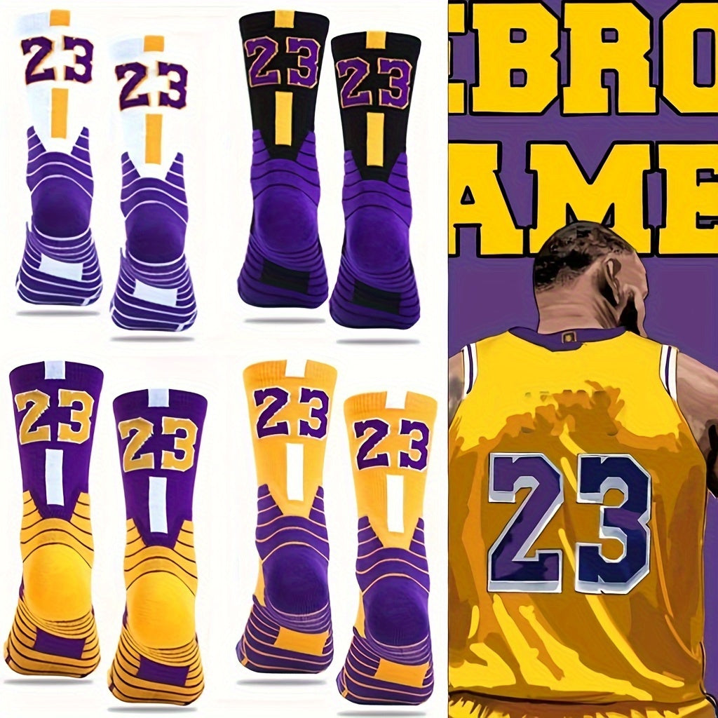 4 Pairs Of Men's Mid Crew #23/24 Sport Socks, Sweat-absorbing Comfy Breathable Socks For Men's Basketball Training, Running Outdoor Activities