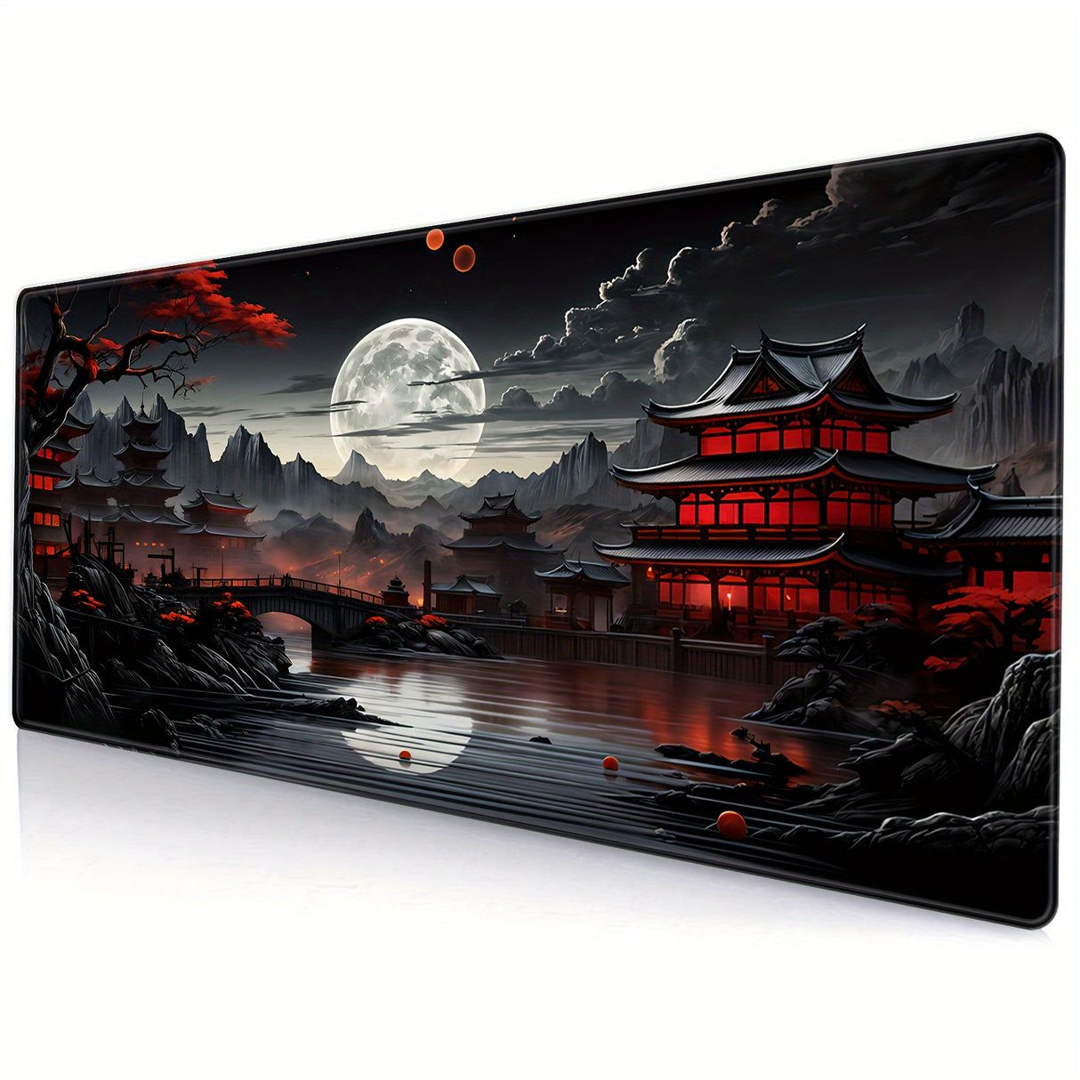 Japanese Style Full Moon River Landscape Desk Mat, Non-Slip Rubber Gaming Mouse Pad, Extended Keyboard Mat for Office and Home Decor, 35.4 x 15.7 Inches