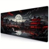 Japanese Style Full Moon River Landscape Desk Mat, Non-Slip Rubber Gaming Mouse Pad, Extended Keyboard Mat for Office and Home Decor, 35.4 x 15.7 Inches
