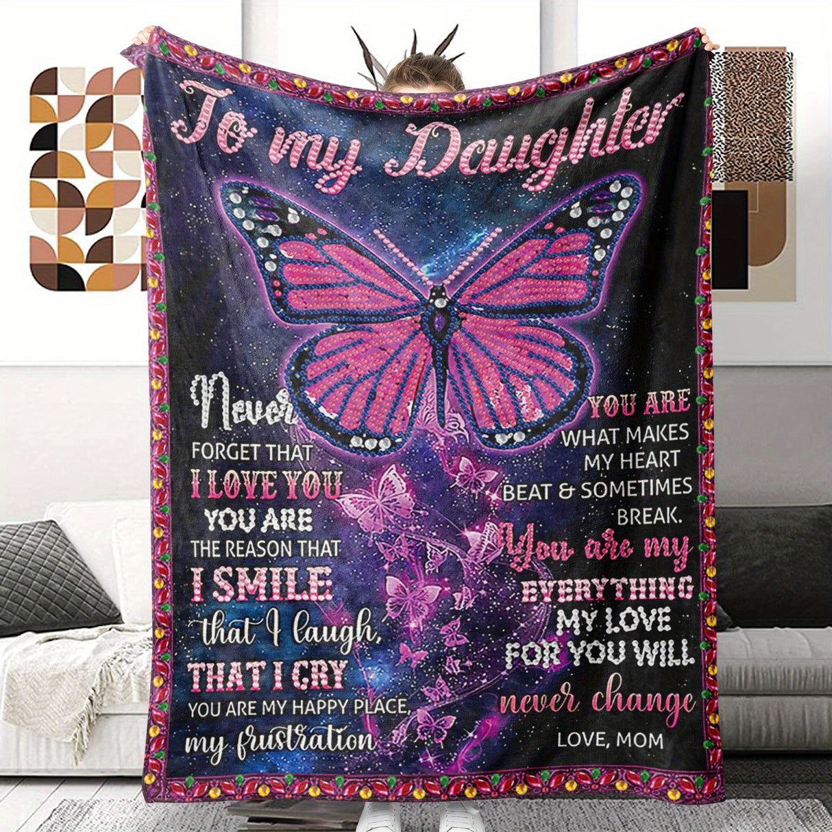 1pc Butterfly Printed Flannel Blanket, To My Daughter From Mom Envelope Blanket For All Season, Warm Cozy Soft Throw Blanket Nap Blanket For Couch Bed Sofa Office Camping Travel Home Decor, Holiday Gift Blanket For Daughter