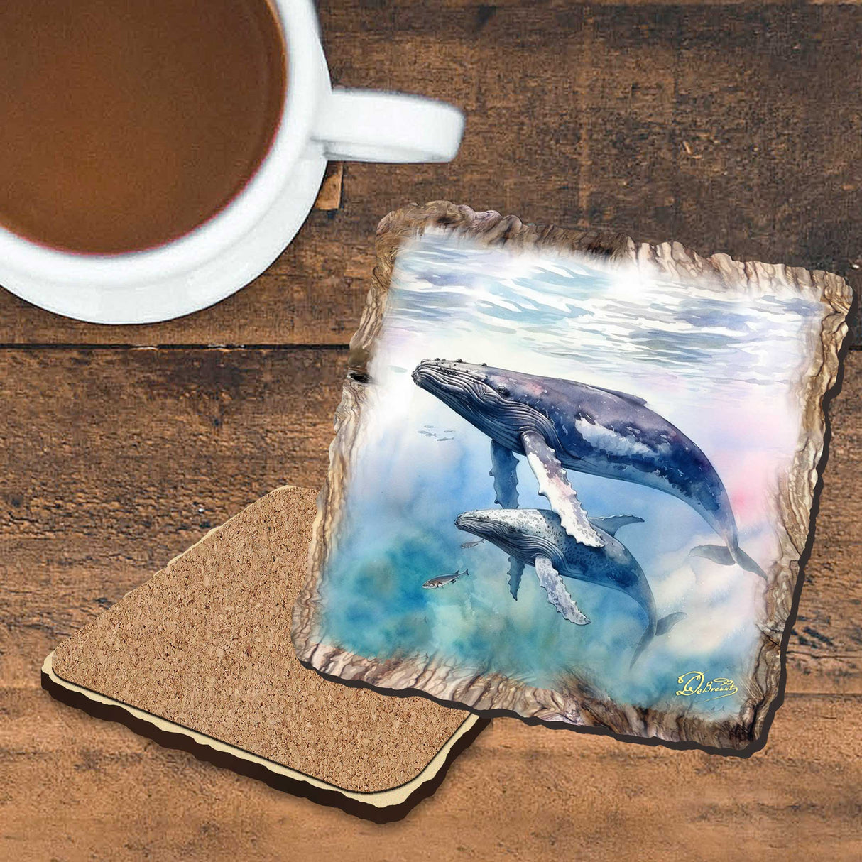 Humpback Whale Wooden Cork Coasters Gift Set of 4 by Nature Wonders Coastal Nature Wildlife Decor  - 95395C-S4