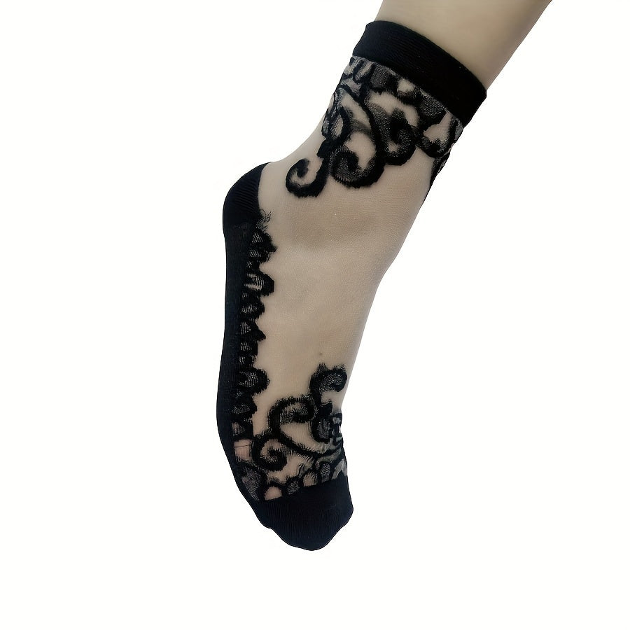5 pares de calcetines de malla bordados, finos y cómodos, de tubo medio, para mujer.