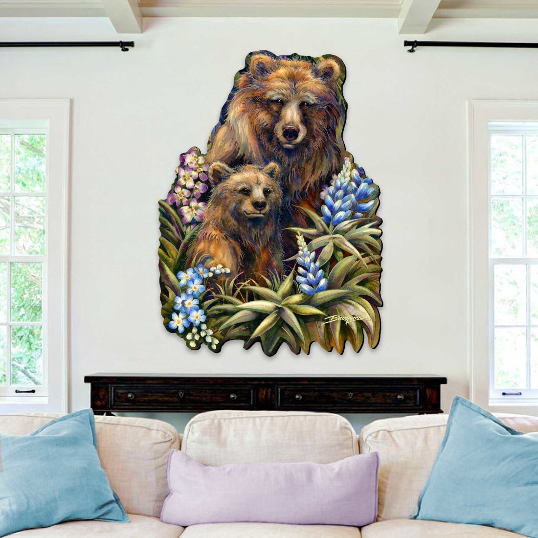 Grin &amp; Bear it - Arte mural de madre y cachorro oso grizzly de J. Bergsma - Decoración navideña de vida silvestre - 8591947W-JB