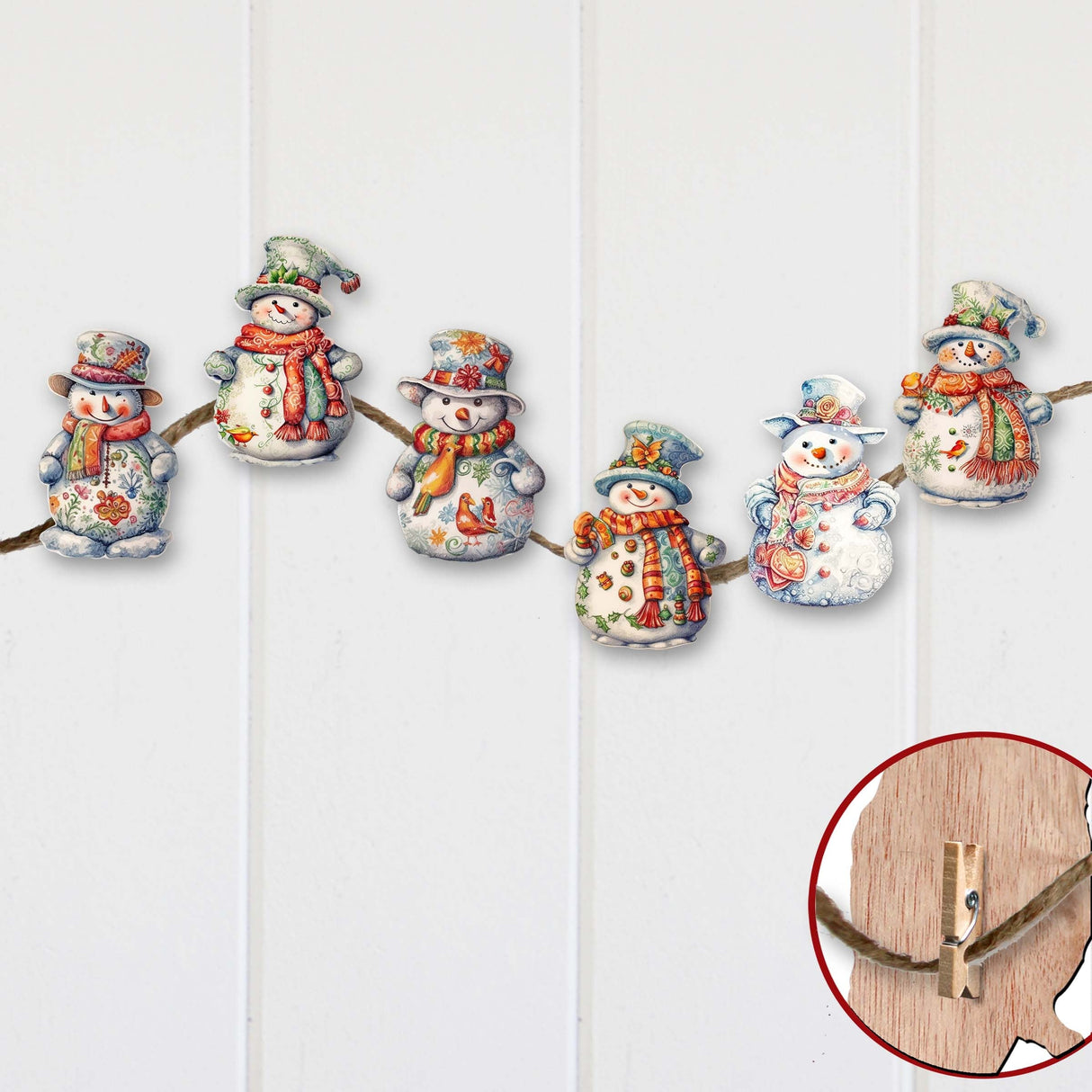 Snowman Decorative Wooden Clip-on Ornaments Set of 6 by G. Debrekht - Christmas Decor - 8090023C-S6