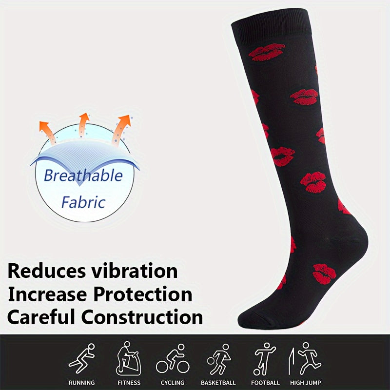1 Pair of Stylish Striped Compression Socks for Women - Breathable, Comfortable, and Protective Ankle and Calf Support for All-Season Wear - Hand Wash Only, Nylon Blend Knit Fabric