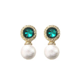 Emerald Rhinestone Pearl Stud Earrings For Women - Lootquake