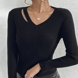 Ladies' Hollowed Out V-neck Long Sleeved Solid Color Sexy Versatile Knitted Cardigan - Lootquake