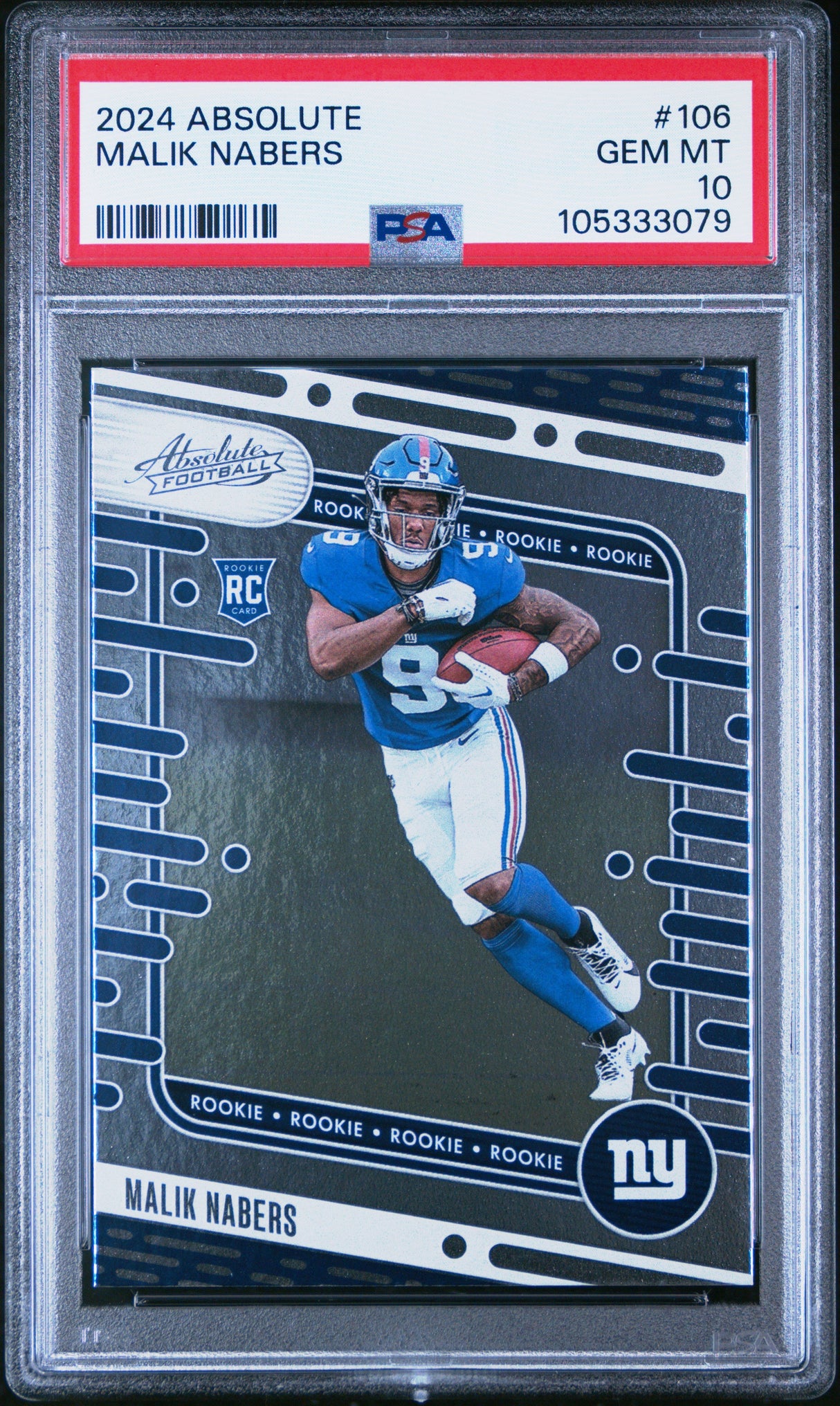Tarjeta de fútbol RC Malik Nabers n.° 106 de novato Panini Absolute 2024, PSA 10 Gem Mint