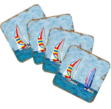 Sailboats Coastal Wooden Cork Coasters Gift Set of 4 by Nature Wonders - Coastal Sea-Life Decor - 95259C-S4