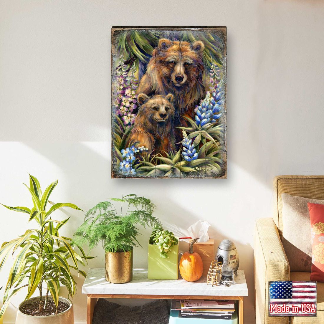 Grin &amp; Bear it - Arte mural de madera de madre y cachorro oso grizzly de J. Bergsma - Decoración de vida silvestre - 8592947BP-JB