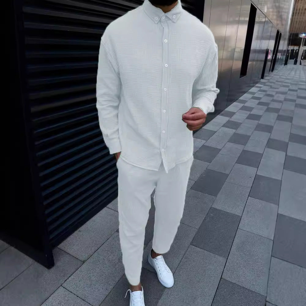 European And American Autumn Men's Wrinkle Bubble Casual Suit Long Sleeve Tooling Trousers - Lootquake