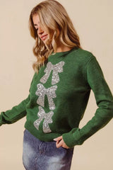 SO ME Sequins Bow Ribbon Embellished Christmas Sweater