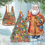 Papá Noel de todo el mundo - Papá Noel de inspiración francesa - Juego de 3 adornos de madera de G. DeBrekht - Decoración navideña de Papá Noel y muñeco de nieve - 8091303S3