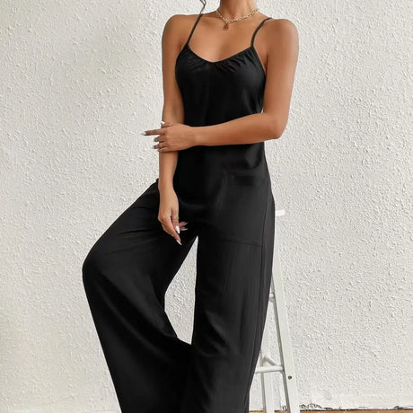 Ladies' Cross Leisure Vacation Lazy Backless Wide Leg Pants Camisole Skirt Jumpsuit - Lootquake