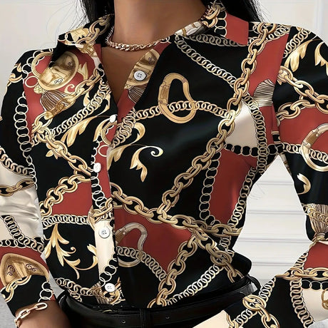 Ladies' Sexy Button Up Shirt With Fashionable Chain Print V-neck Lapel Long Sleeved Top - Lootquake