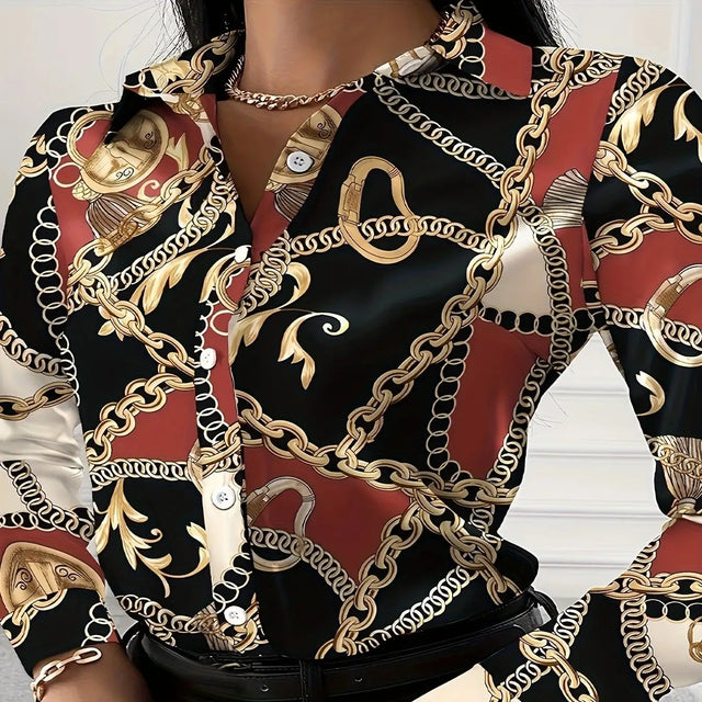 Ladies' Sexy Button Up Shirt With Fashionable Chain Print V-neck Lapel Long Sleeved Top - Lootquake