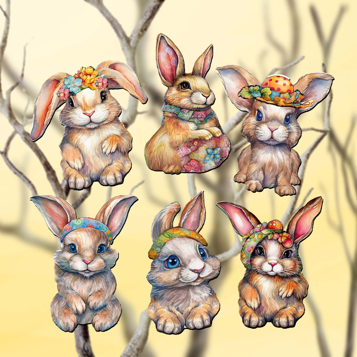 Easter Bunnies Decorative Wooden Clip-on Ornaments Set of 6 by G. Debrekht - Easter Decor - 8090042C-S6