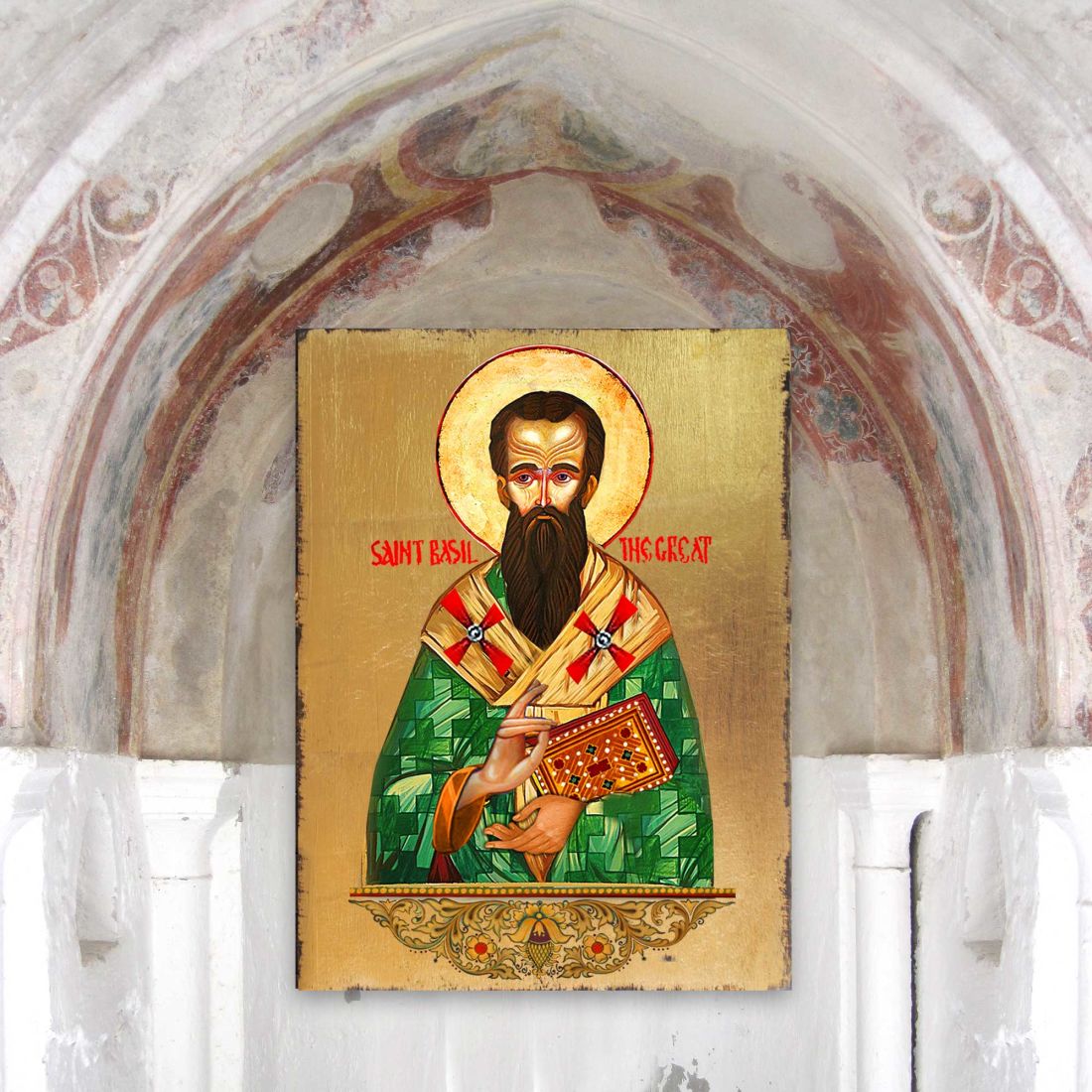 Icono religioso cristiano sagrado de San Basilio de madera bañado en oro - Decoración inspiradora - 85053