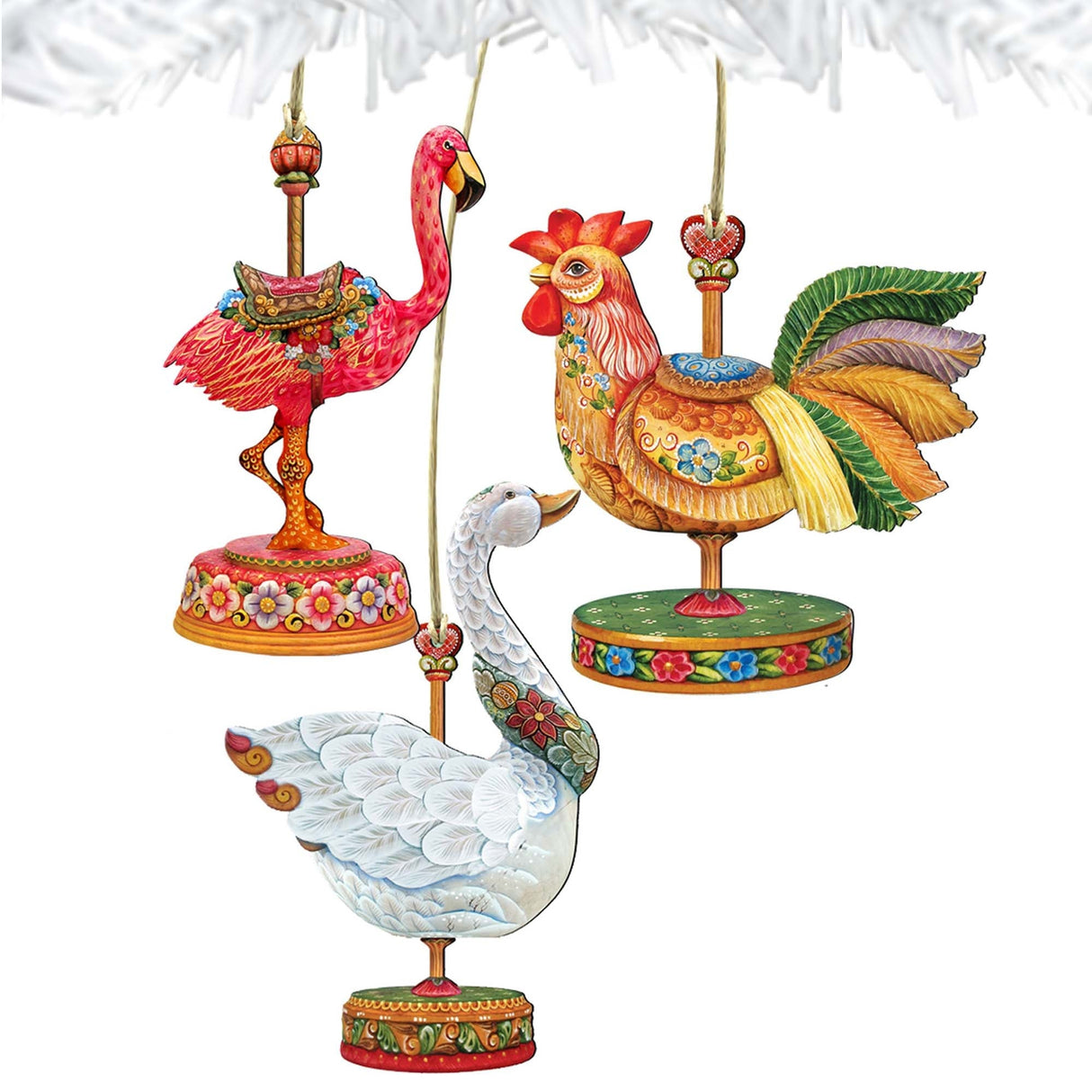Adornos de madera de carrusel: gallo, ganso y flamenco, juego de 3, de G. DeBrekht - Decoración navideña - 8100088S3