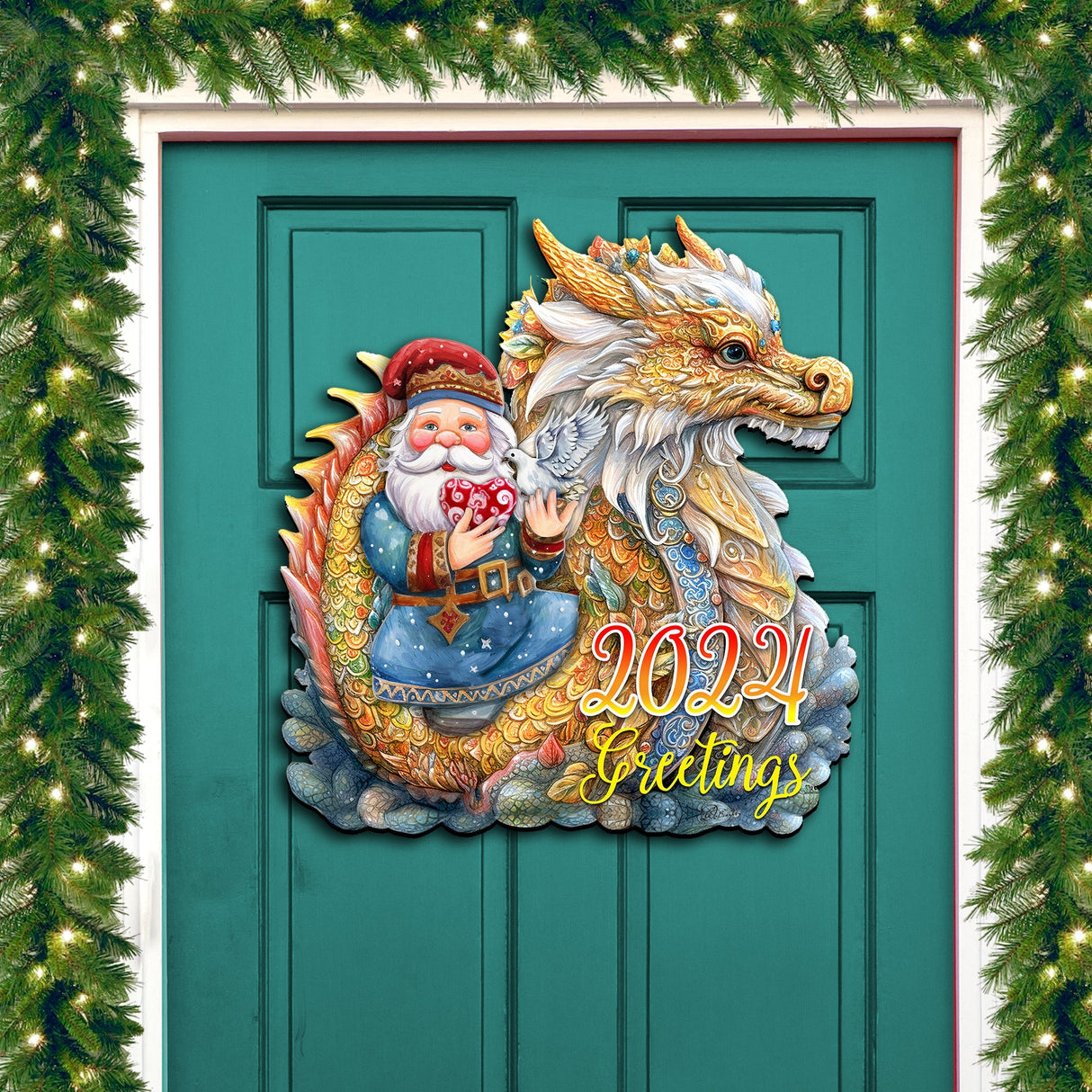 Decoración navideña para puerta con Papá Noel y dragón, fechada en 2024, de G. Debrekht - Decoración navideña con Papá Noel y muñeco de nieve - 8611088H