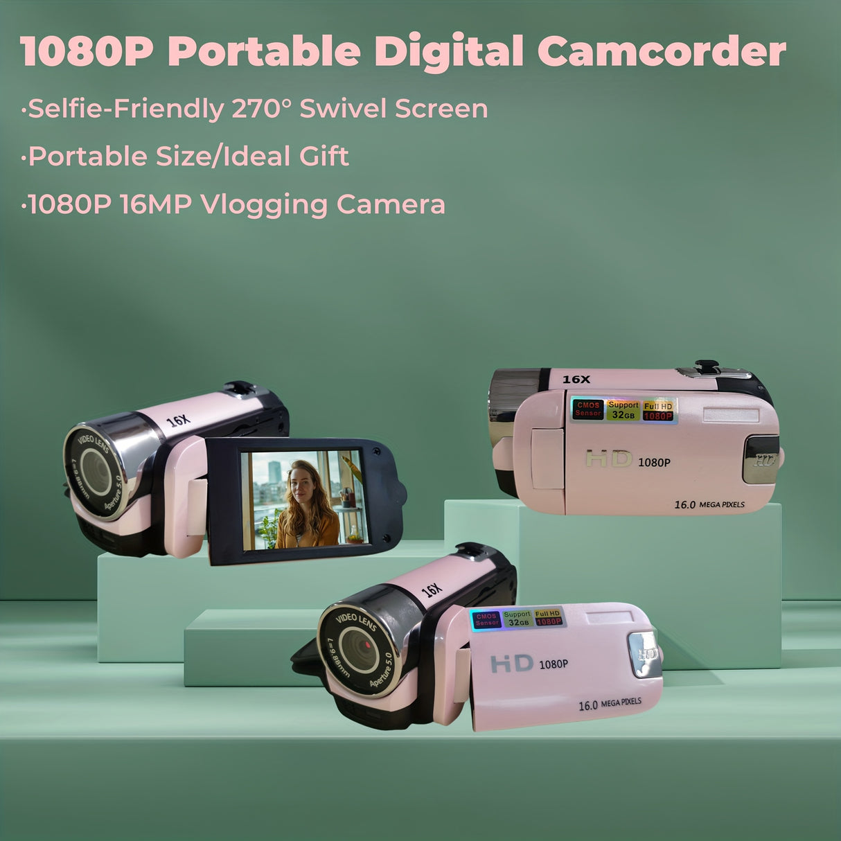 1080P Portable Digital Camcorder, Rotate Screen Digital Camera With Rechargeable Battery And 32G Memory Card Support Selfie, Suitable For Travel Photograph And Friend Gathering And Growth Recording