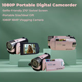 1080P Portable Digital Camcorder, Rotate Screen Digital Camera With Rechargeable Battery And 32G Memory Card Support Selfie, Suitable For Travel Photograph And Friend Gathering And Growth Recording