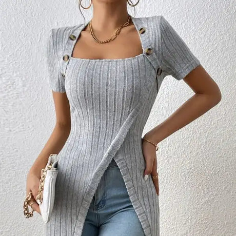 Ladies' Versatile Solid Color Elegant Style Square Neck Button Detail Wrapped Edge Slit Long T-shirt Top - Lootquake