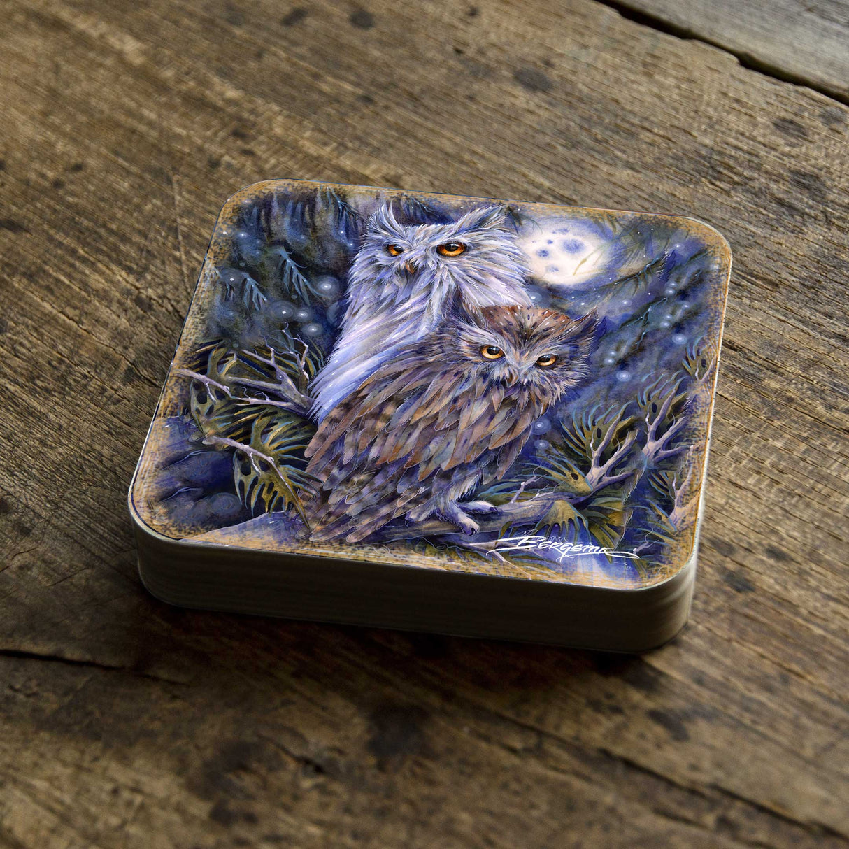 Night Watch Owls Wooden Cork Coasters Gift Set of 4 by J. Bergsma - Wildlife Decor  - 8199465C-S4