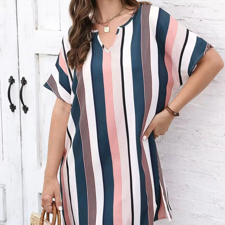 Ladies' Contrasting Striped Print Notch V-neck Short Casual Loose Dress - Lootquake