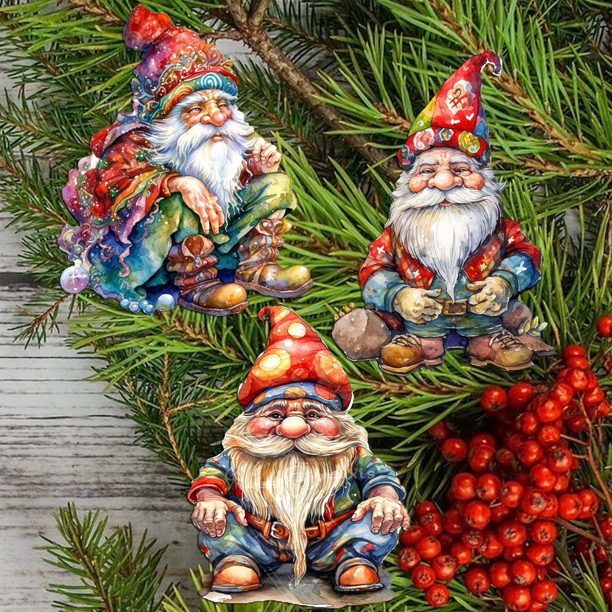 Christmas Gnomes Wooden Clip-on Ornaments Set of 3 by G. Debrekht - Christmas Decor - 8091031C-S3