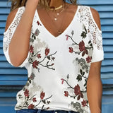 Women's V-neck Floral Print Contrasting Lace Off Shoulder Top - Lootquake