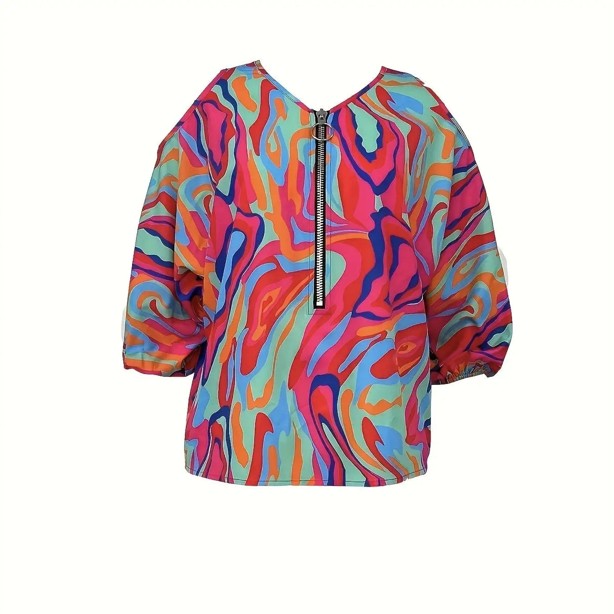 Ladies' Printed Off Shoulder V-neck Zipper Lantern Top - Lootquake