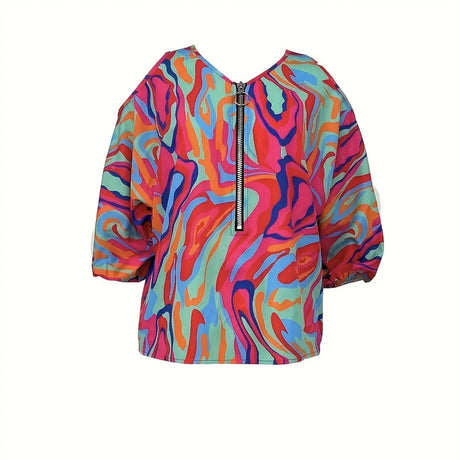 Ladies' Printed Off Shoulder V-neck Zipper Lantern Top - Lootquake