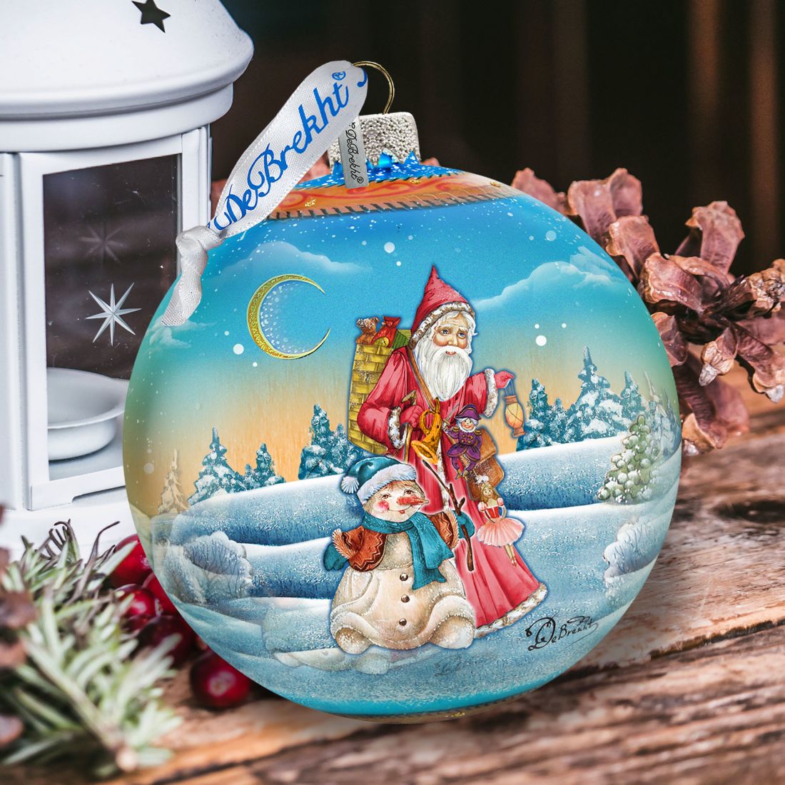 Adorno navideño de cristal con forma de bola de pueblo invernal, edición limitada, de G. DeBrekht - Decoración navideña con Papá Noel y muñeco de nieve - 73855