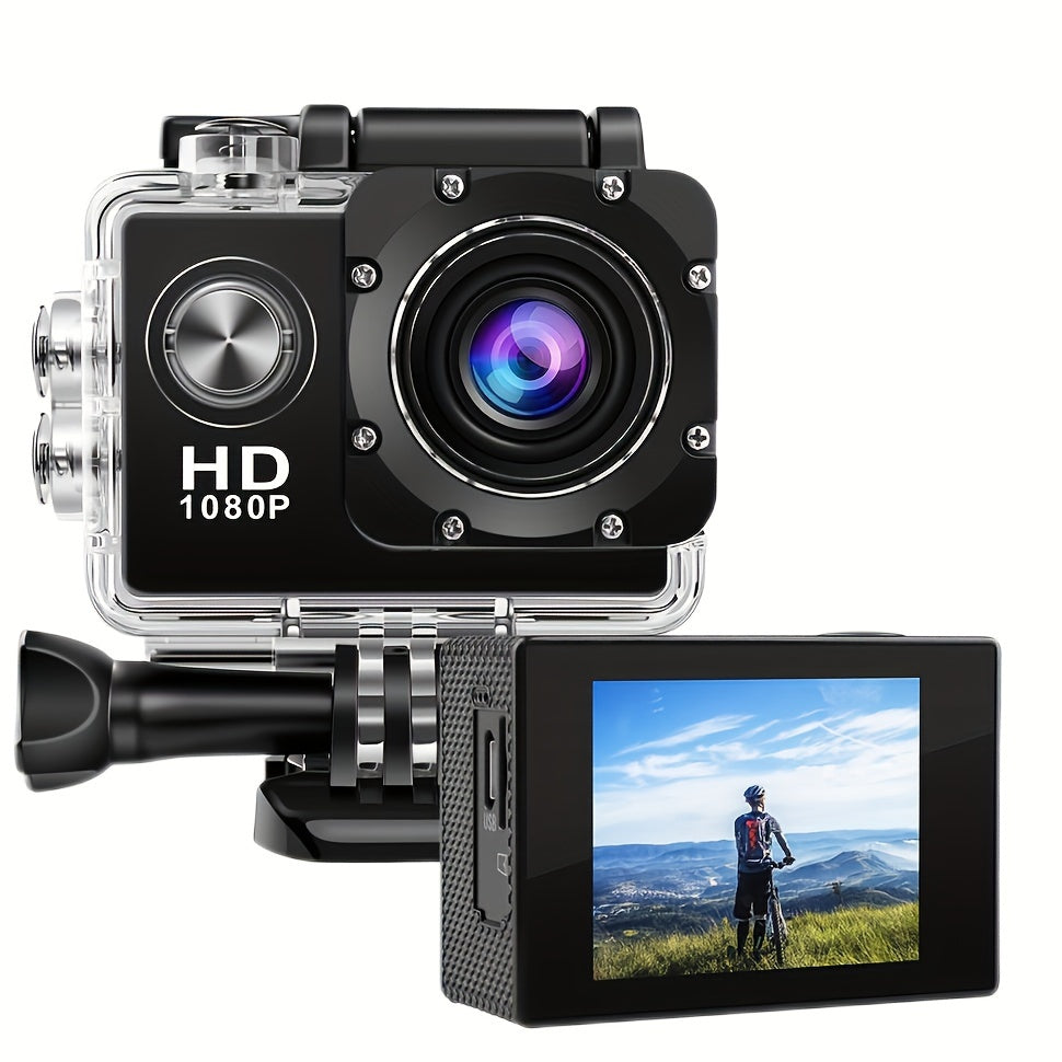 Caméra d'action HD 1080p avec objectif ultra grand angle 140°, exposition automatique, stabilisation numérique, effet fisheye, batterie rechargeable, stockage sur carte SD, format vidéo MP4 pour les prises de vue sportives en extérieur