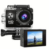 Caméra d'action HD 1080p avec objectif ultra grand angle 140°, exposition automatique, stabilisation numérique, effet fisheye, batterie rechargeable, stockage sur carte SD, format vidéo MP4 pour les prises de vue sportives en extérieur