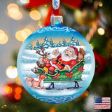 Reindeers Ride Santa Glass Ornament by G. DeBrekht - Christmas Santa Snowman Decor - 73363