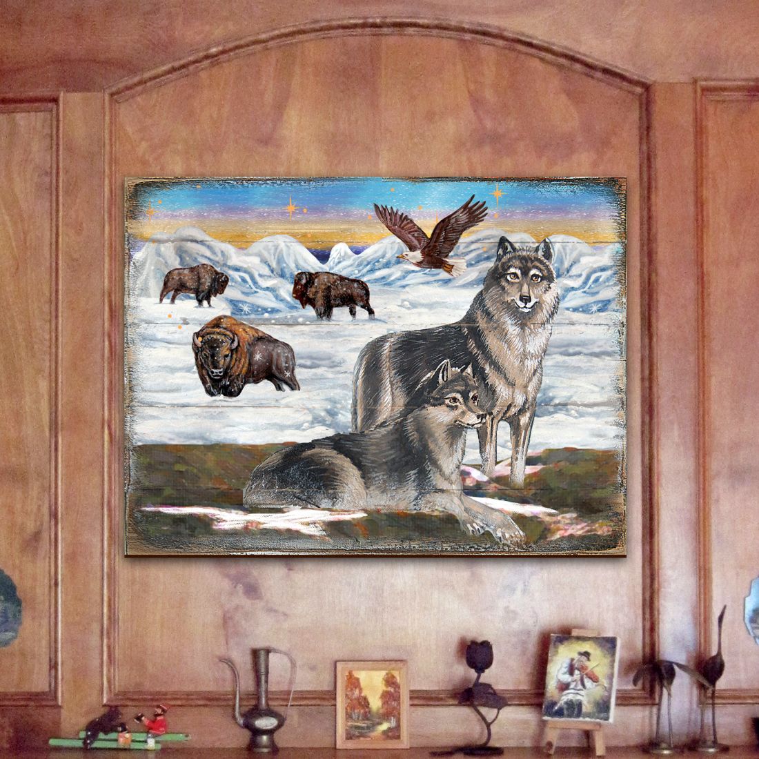 Arte mural de madera con lobos invernales de Nature Wonders - Decoración de vida silvestre - 95222B