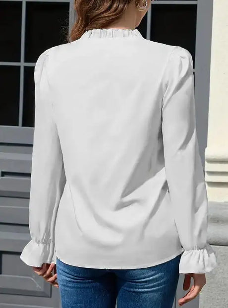 Ladies' Solid Color Lace Collar, Lace Up Cuffs, Casual And Fashionable Shirt - Lootquake