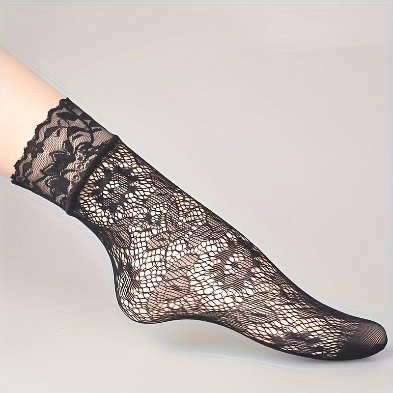 6 pares de calcetines de rejilla con encaje floral, calcetines tobilleros ultrafinos, medias y calcetería para mujer