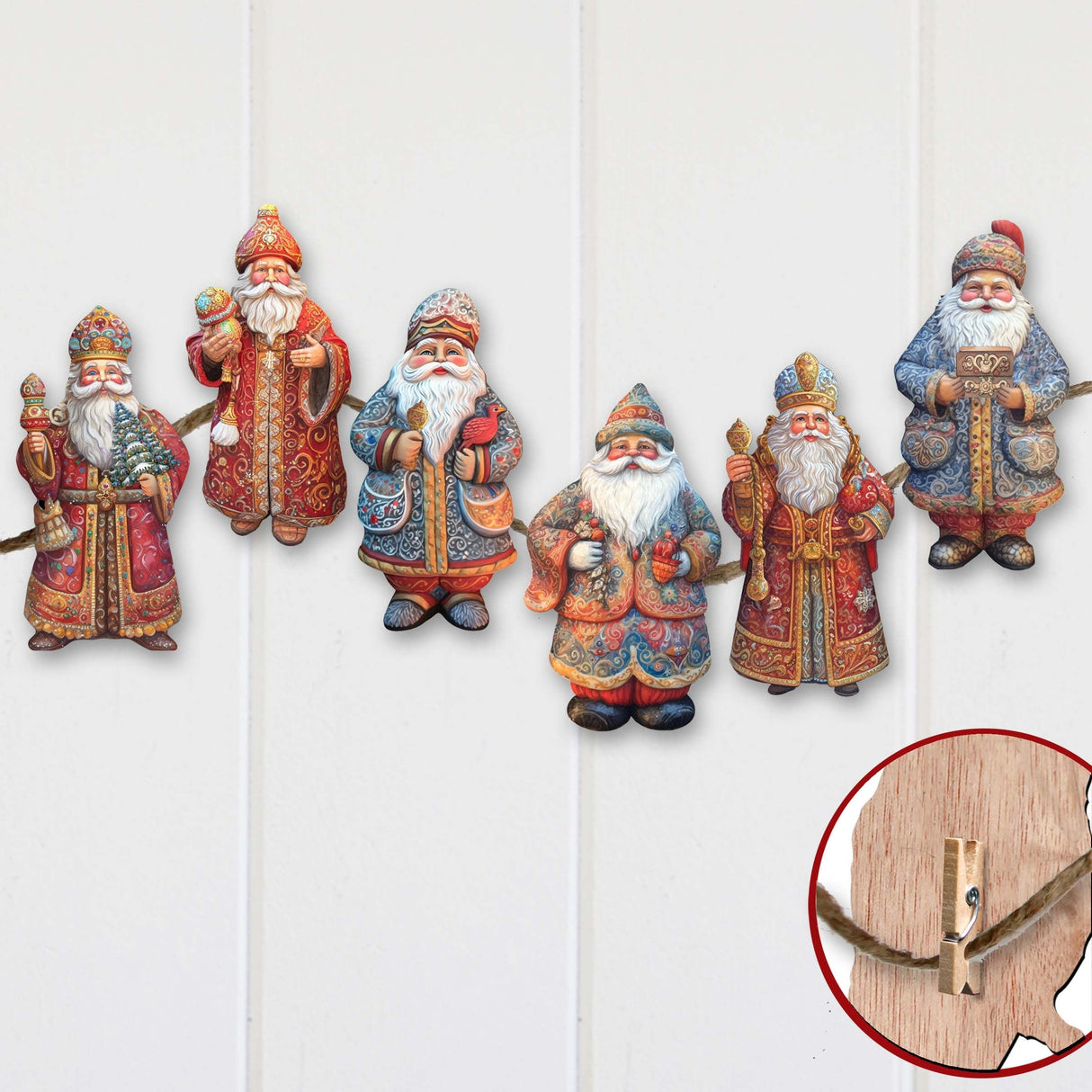 Santa Decorative Wooden Clip-on Ornaments Set of 6 by G. Debrekht - Christmas Decor - 8090032C-S6