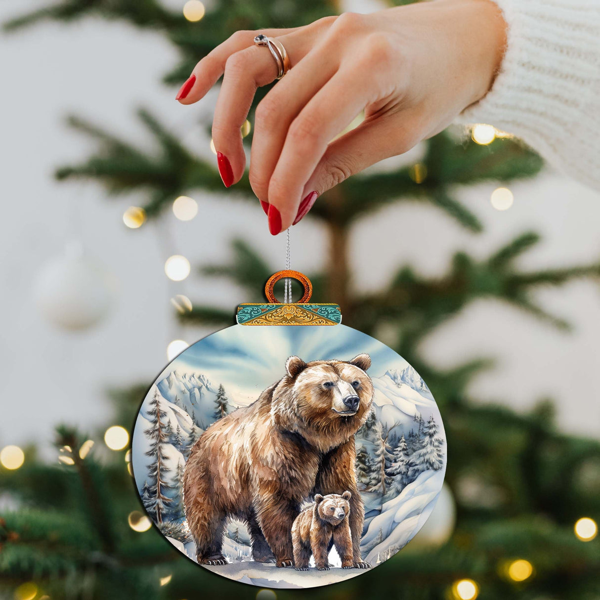 Grizzly Bear with Cub Wooden Ornaments by G.Debrekht - Wildlife Holiday Decor - 870070