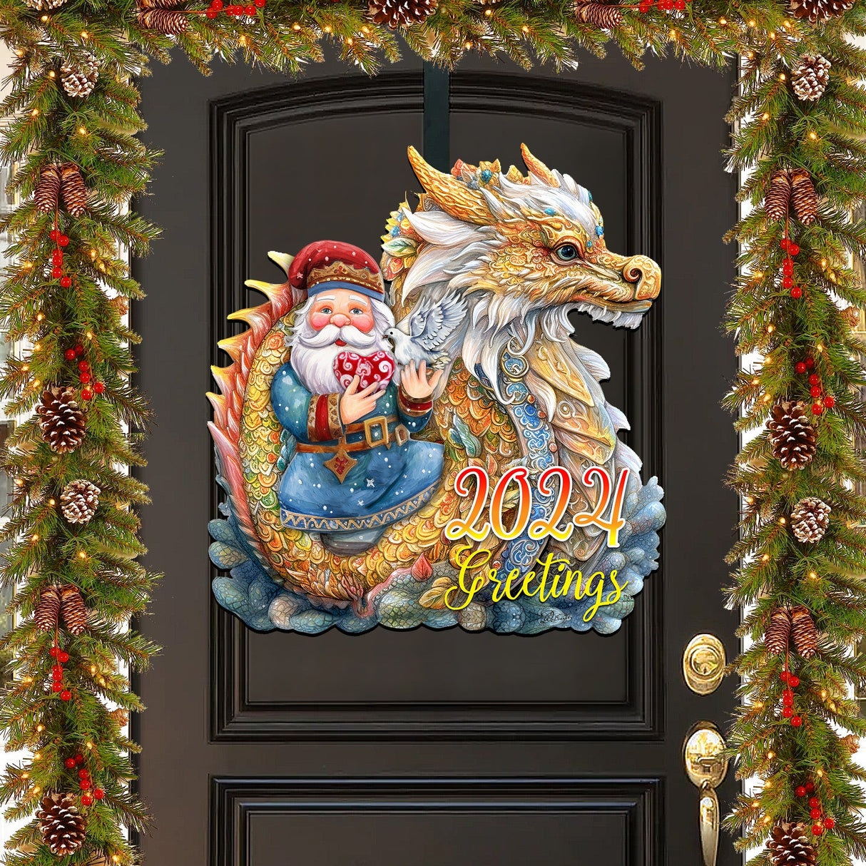 Decoración navideña para puerta con Papá Noel y dragón, fechada en 2024, de G. Debrekht - Decoración navideña con Papá Noel y muñeco de nieve - 8611088H