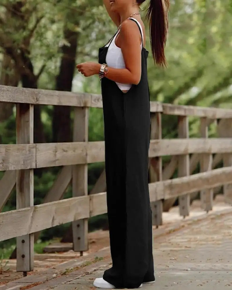 Women's Sleeveless Jumpsuit With Pockets And Adjustable Shoulder Strap Fashion Loose Wide Leg Straight Overalls Summer Beach Trousers - Lootquake