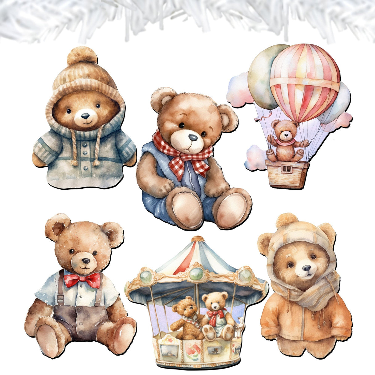 Teddy Bear Decorative Wooden Clip-on Ornaments Set of 6 by G. Debrekht - Christmas Decor - 8090025C-S6