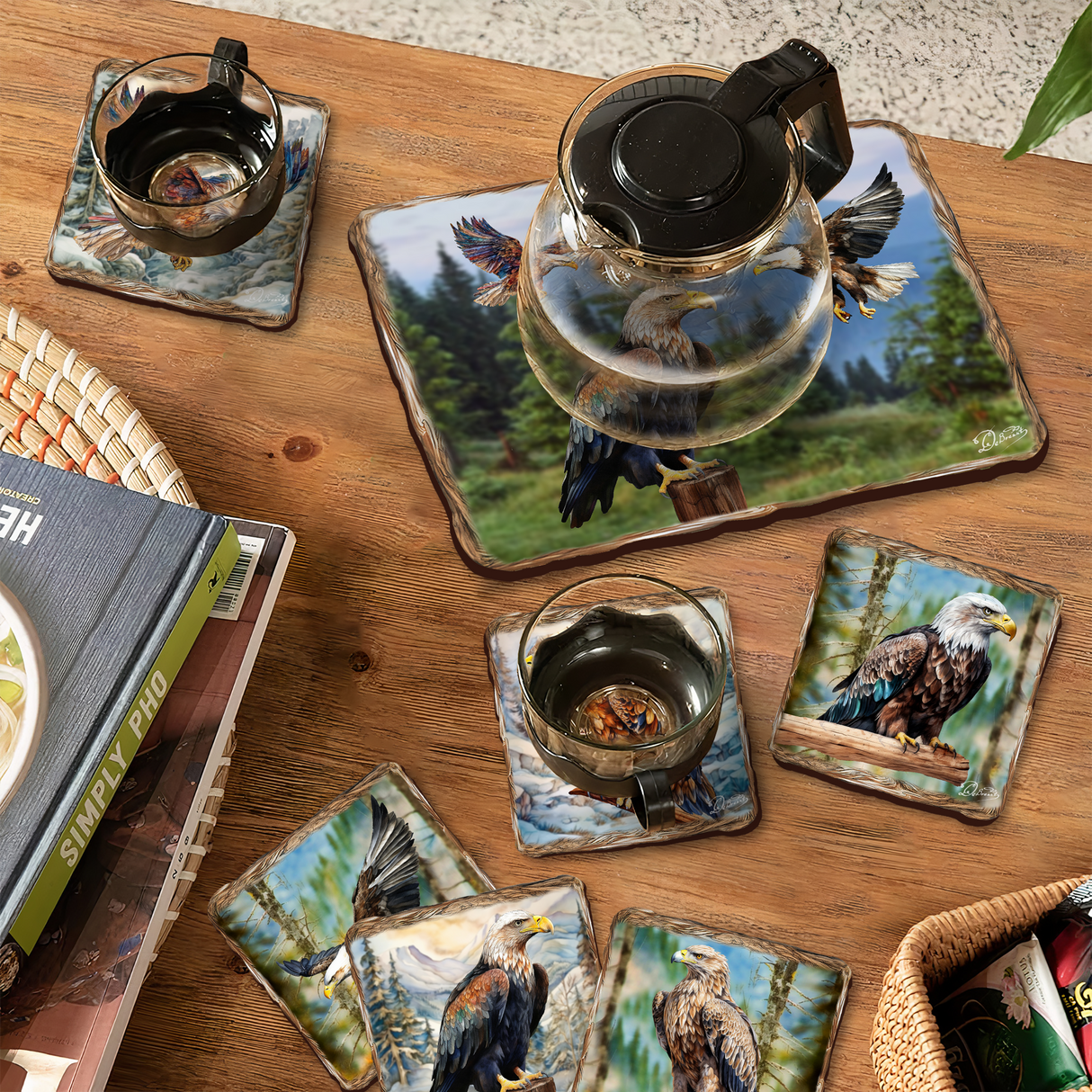 Eagles Wooden Cork Placemat and Coasters Gift Set of 7 by Nature Wonders Nature Wildlife Decor  - 85406C-S7