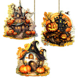 Spooky Houses Decorative Wooden Ornaments of 3 by G. Debrekht - Halloween Decor - 8091007-S3
