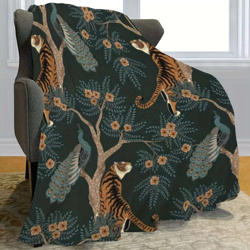 51x59 inches Vibrant Tiger and Peacock Print Flannel Throw Blanket - Throws with Hypoallergenic Polyester Fiber, Soft Multipurpose Knitted Design for All Seasons, Space Theme Decorative Bedding with Easy Dry Clean Care and St